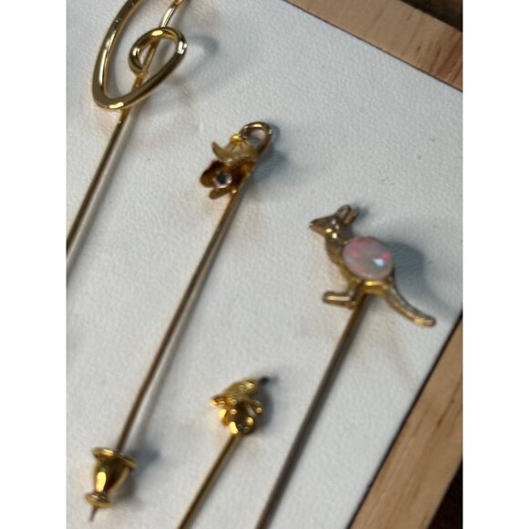 Vintage Gold-Tone Stick Pins Set Of 6 With Apple Kangaroo Crown & More - Picture 7 of 8